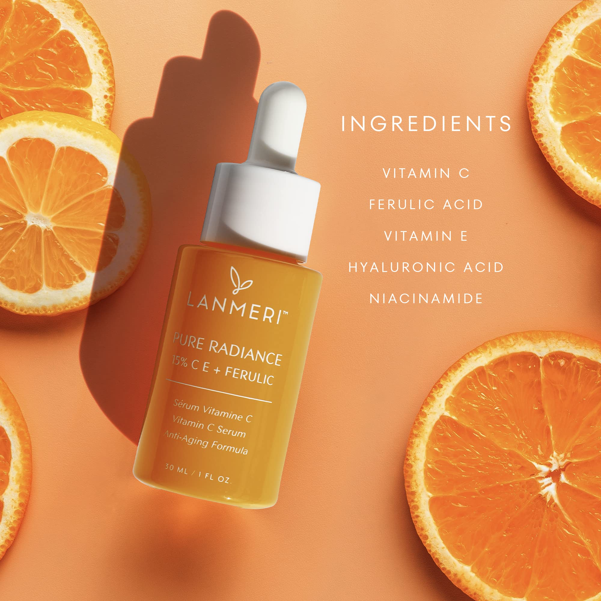 Lanmeri Vitamin C Serum hyaluronic acid molecules image signals deep hydration support.