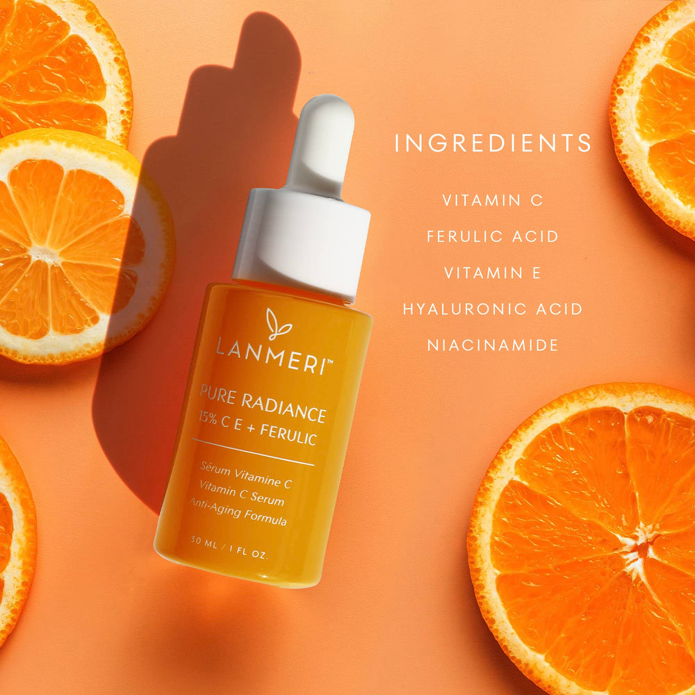 Lanmeri Vitamin C Serum hyaluronic acid molecules image signals deep hydration support.