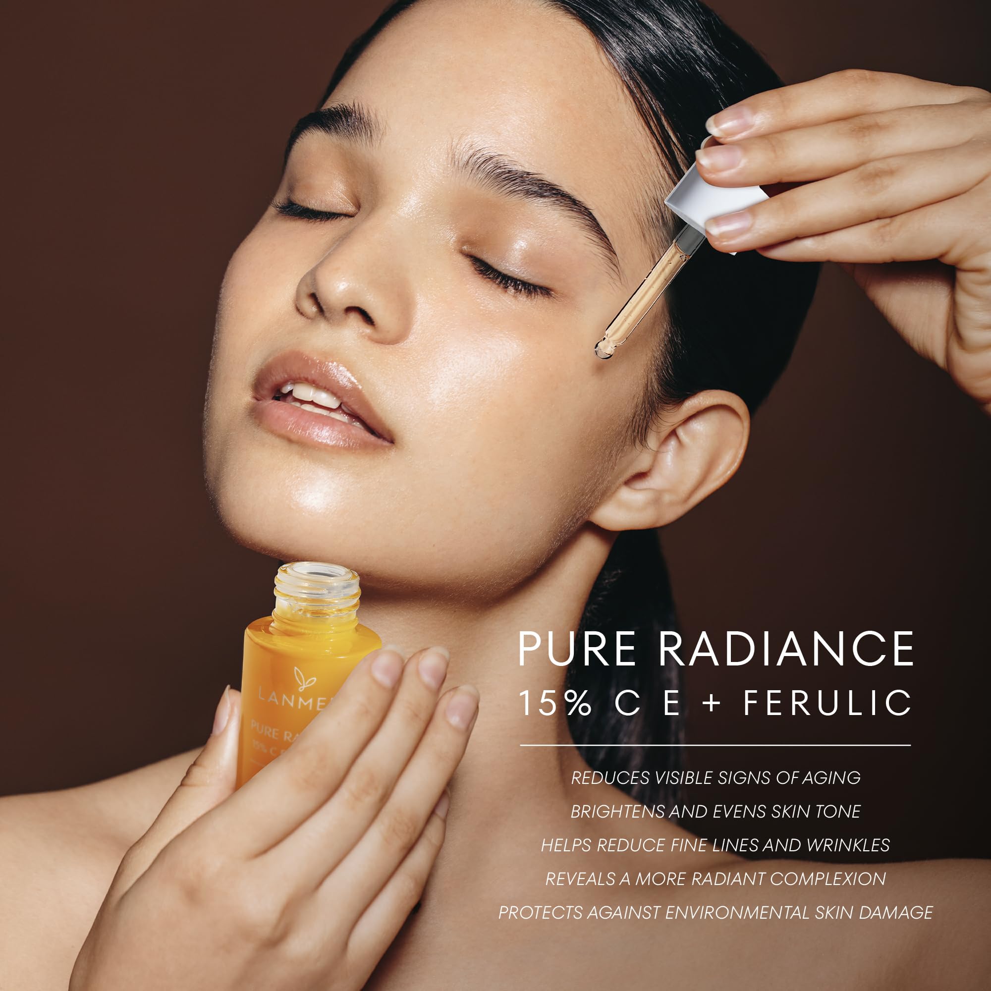 Lanmeri Vitamin C Serum ferulic acid graphic illustrates antioxidant blend.