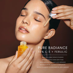 Lanmeri Vitamin C Serum ferulic acid graphic illustrates antioxidant blend.