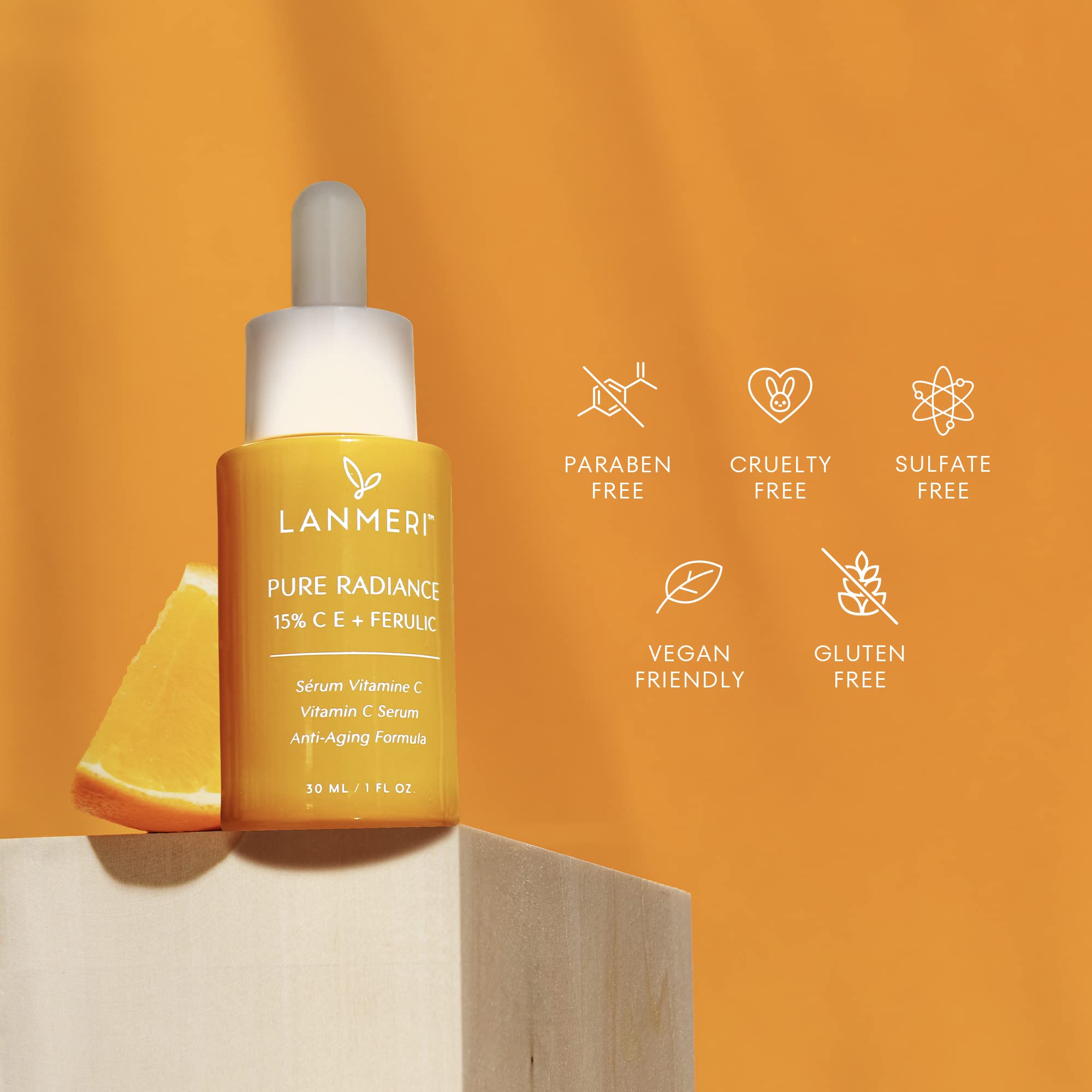 Lanmeri Vitamin C Serum texture closeup shows lightweight serum feel.