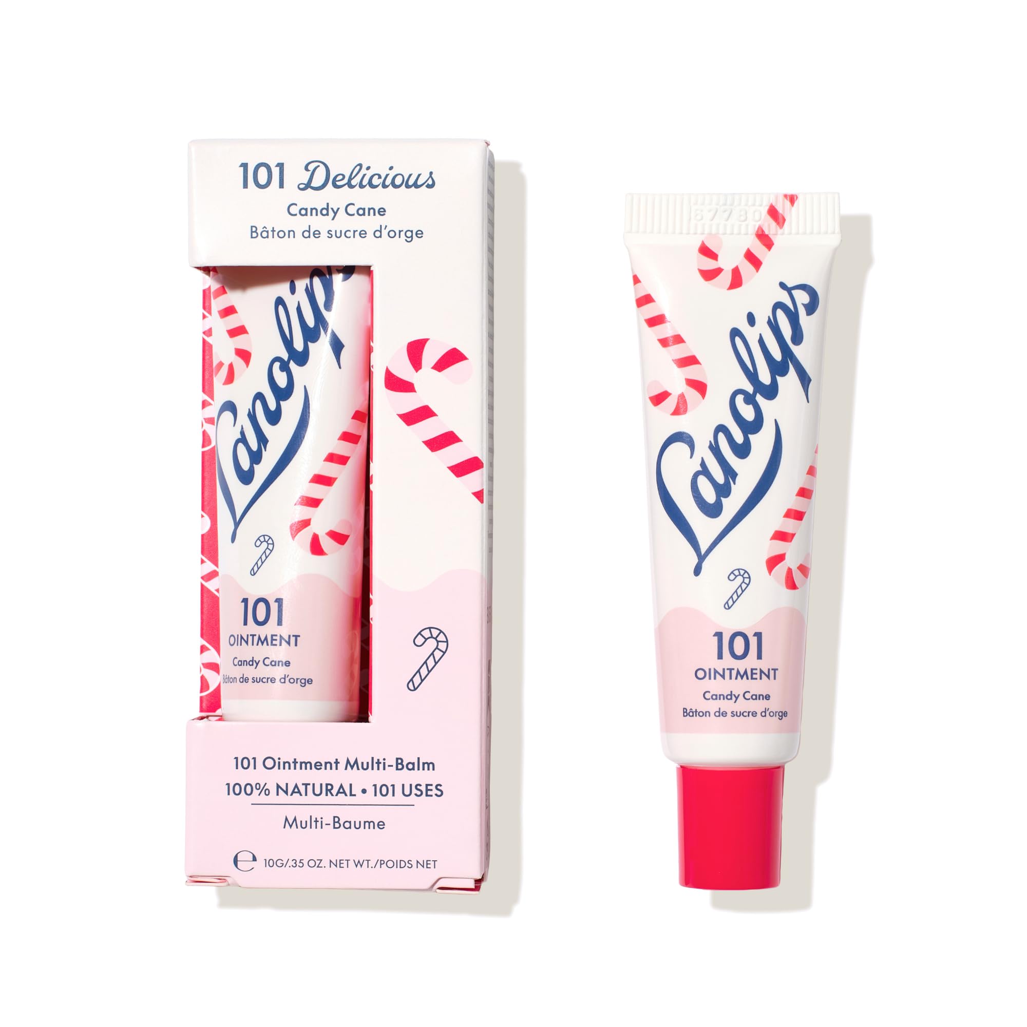 Lanolips 101 Ointment candy cane tube for lip hydration.