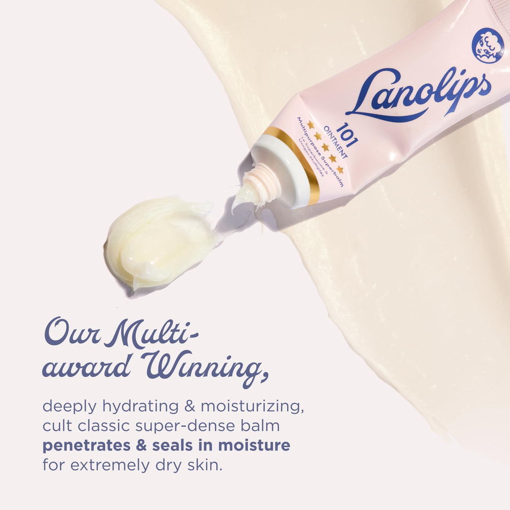 Lanolips 101 Ointment applied to lips for dry-lip relief.