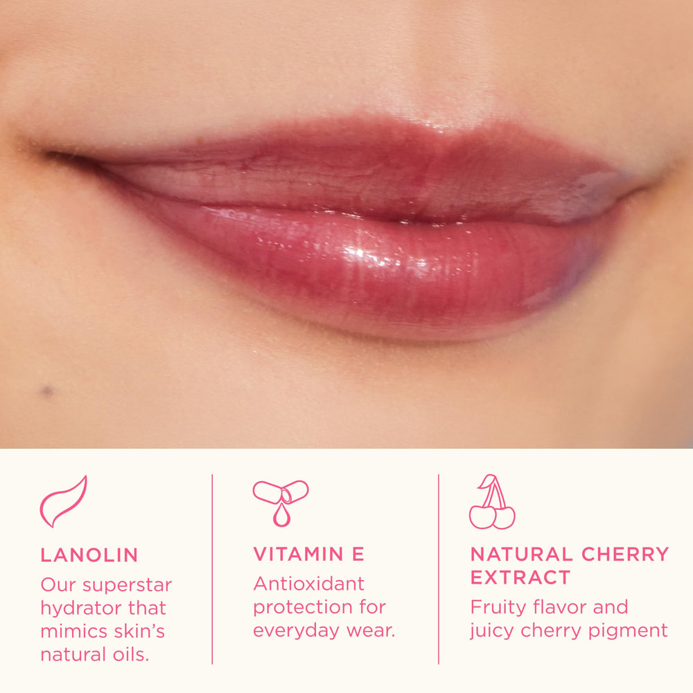 Lanolips Fruity Jellybalm Strawberry swatch highlights soft red tint and moisturized lips