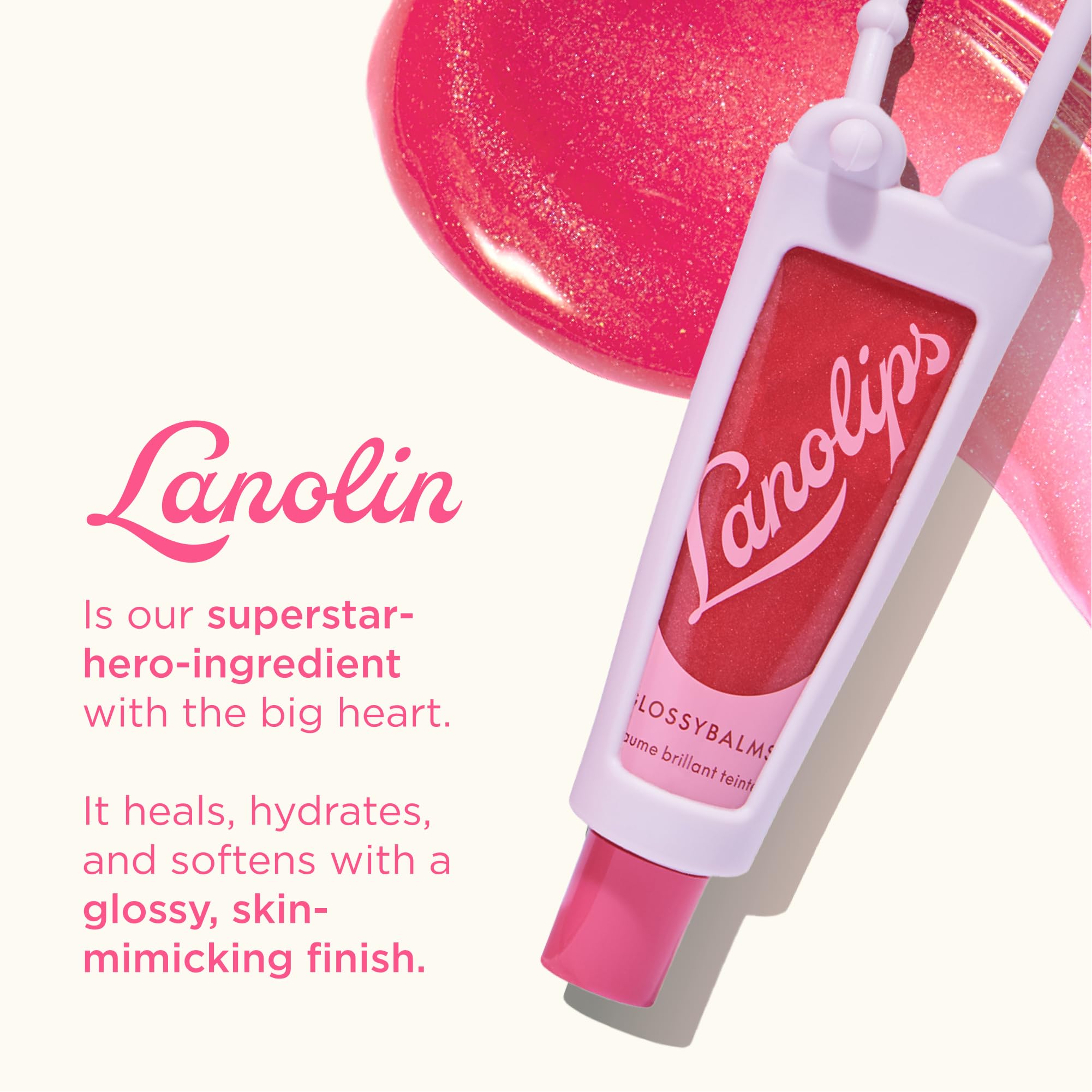 Lanolips Glossybalm Berry on lips showing non-sticky glossy glaze