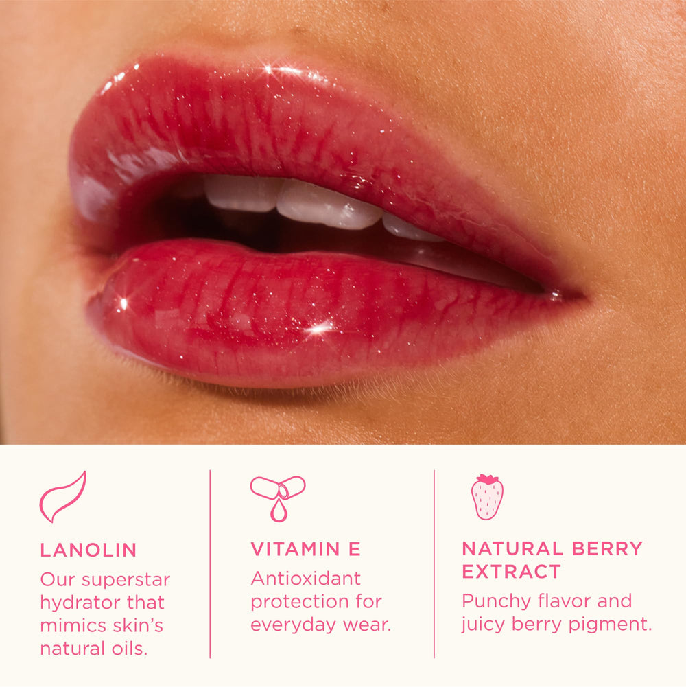 Lanolips Glossybalm berry-pout-closeup shows vibrant tint and smooth texture.