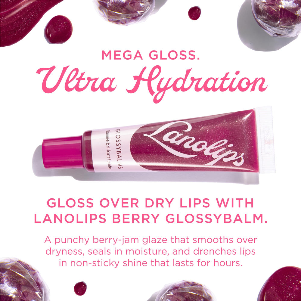 Lanolips Glossybalm candy-gloss-tube offers fruity shine with non-sticky moisture.
