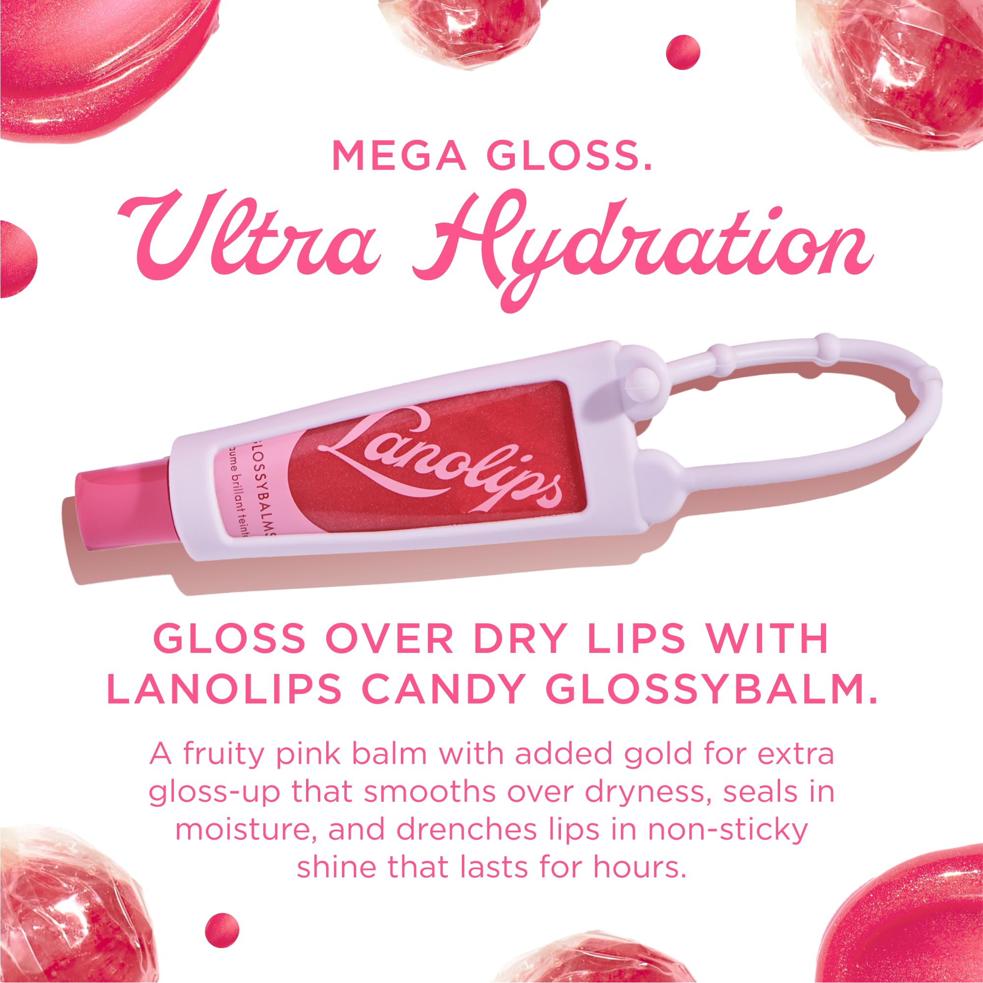 Lanolips Glossybalm Candy tube close-up showing pink tint and gold shimmer for glossy lips