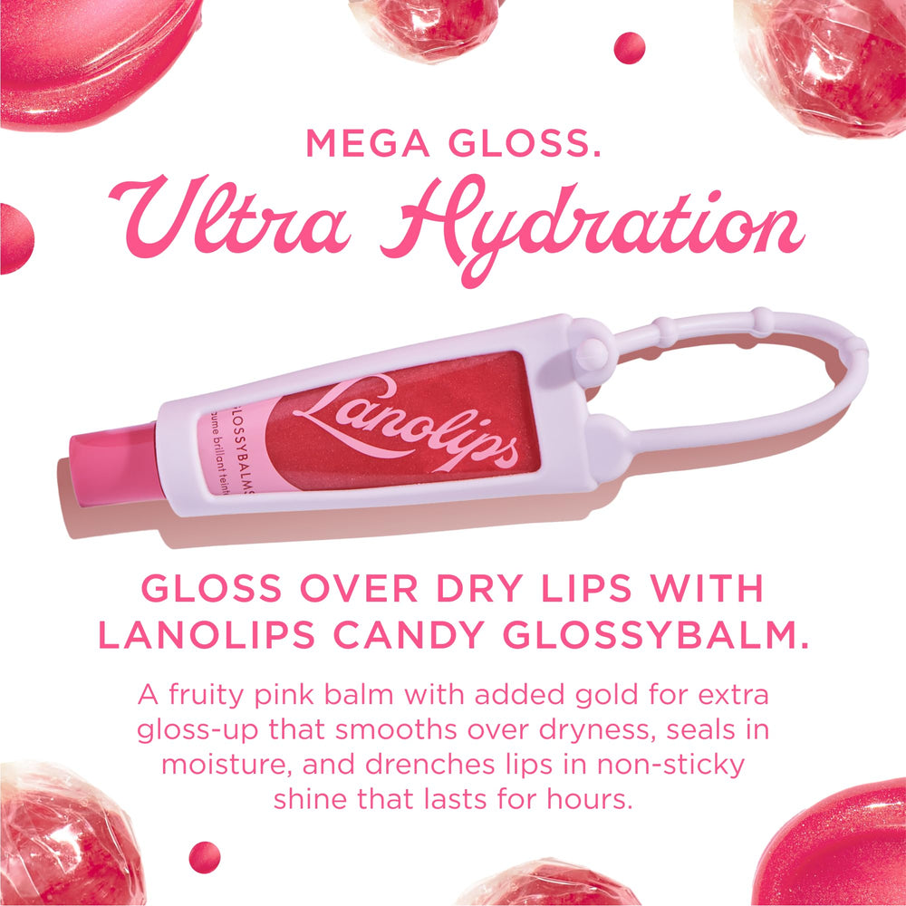 Lanolips Glossybalm Candy tube close-up showing pink tint and gold shimmer for glossy lips