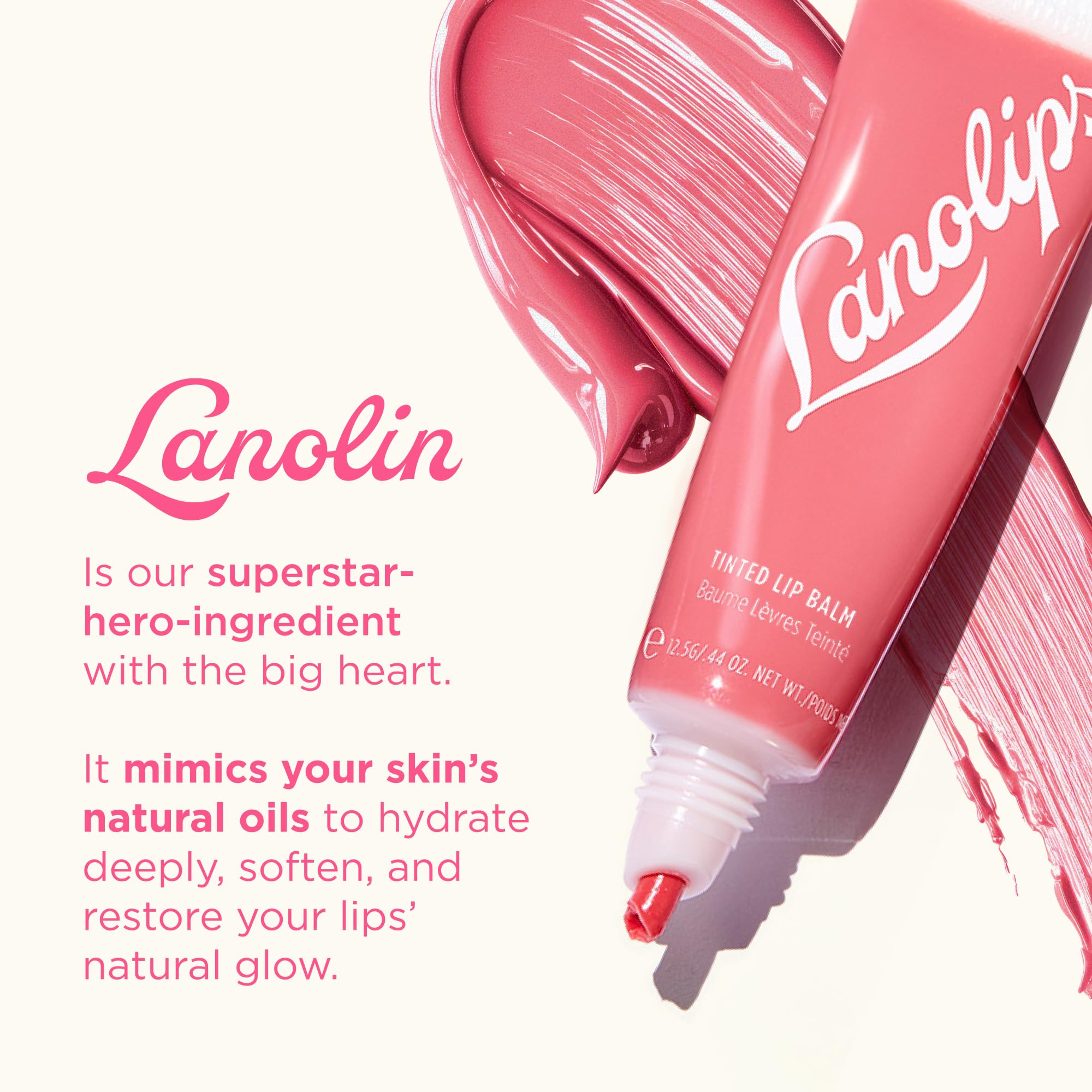 Lanolips Rhubarb tinted lip balm application shown for hydration.