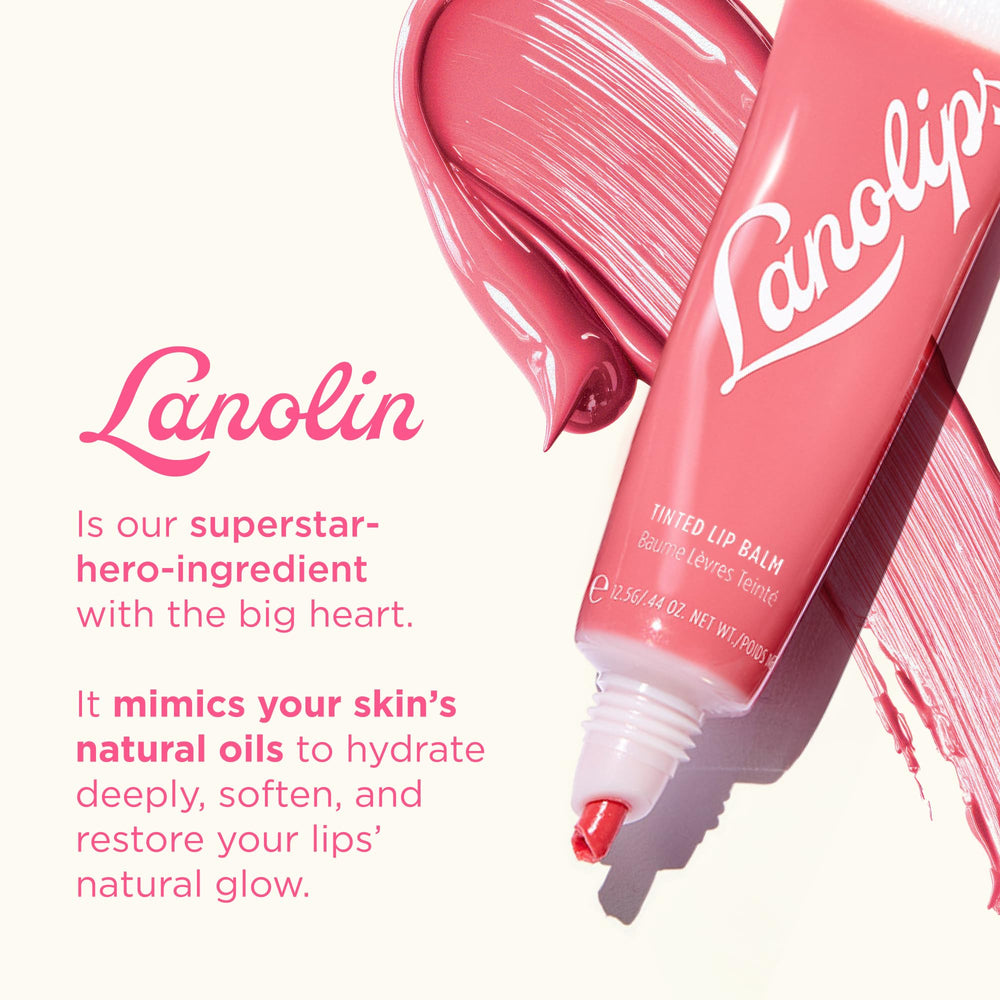Lanolips Rhubarb tinted lip balm application shown for hydration.
