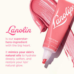 Lanolips Rhubarb tinted lip balm application shown for hydration.