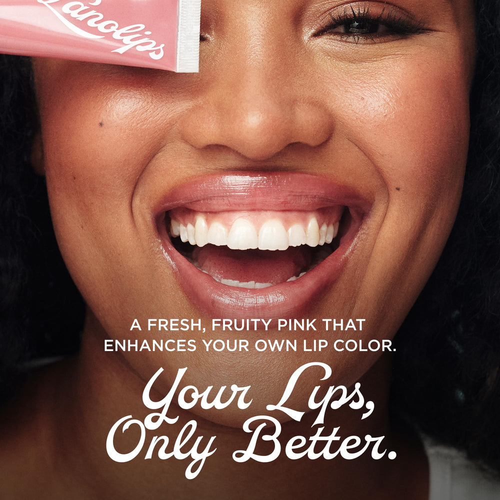 Lanolips Rhubarb balm beside dry lips to illustrate hydration.
