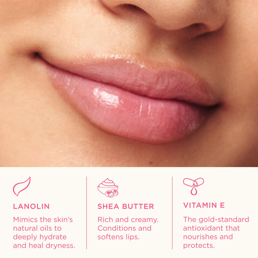 Lanolips Rhubarb tinted lip balm packaging highlighting sustainable lanolin benefits.
