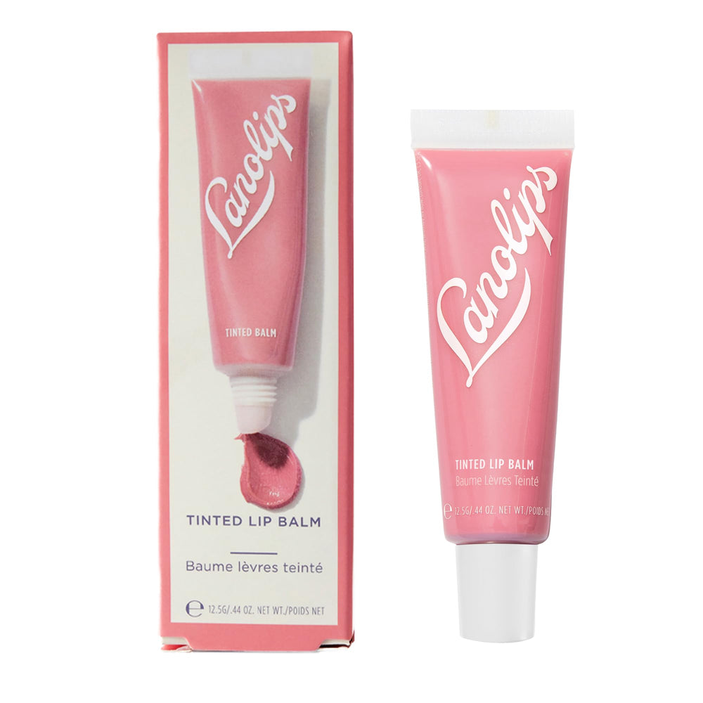 Lanolips tinted lip balm rose tube closeup showing glossy shine and hydration