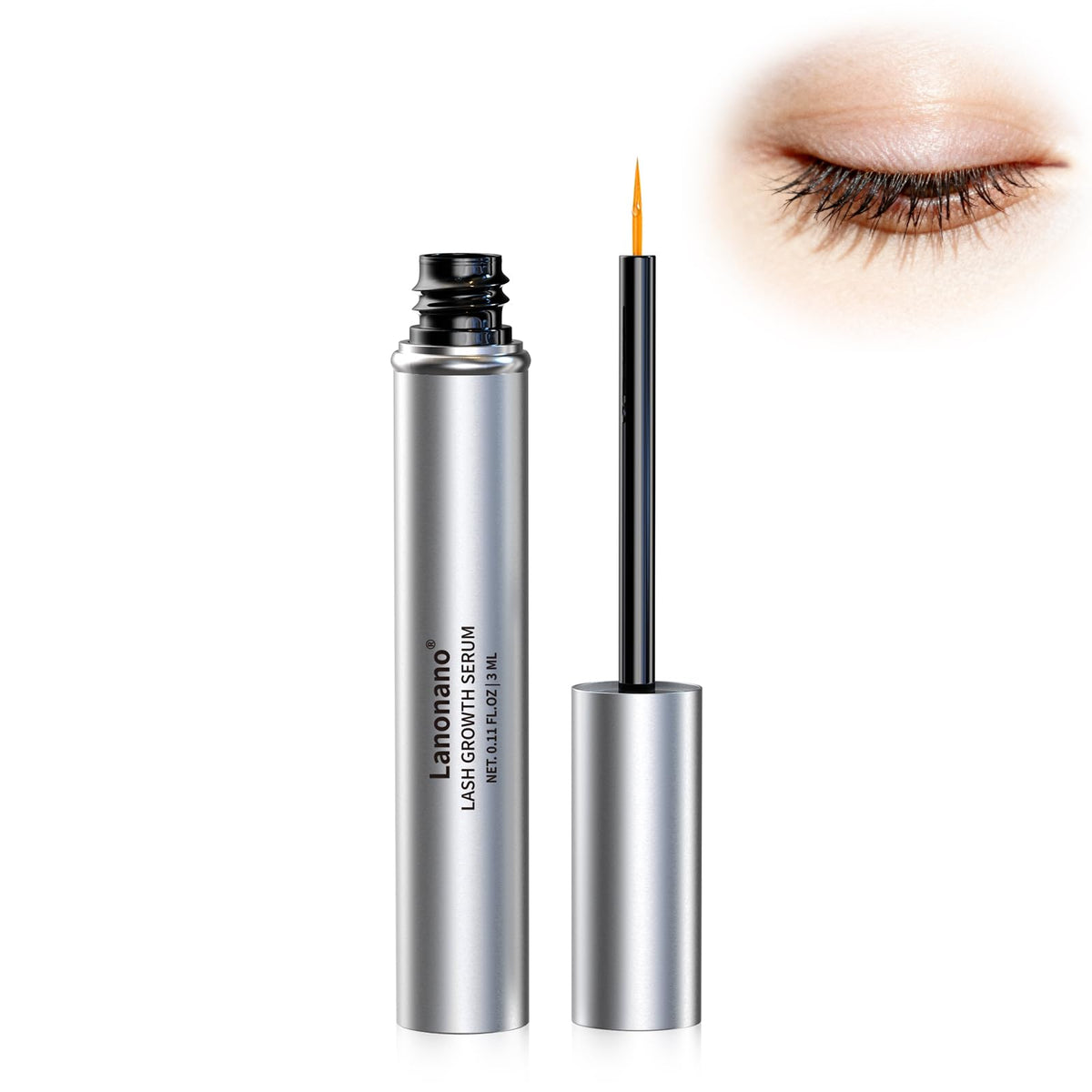 Lanonano lash serum bottle closeup highlighting gentle lash growth support