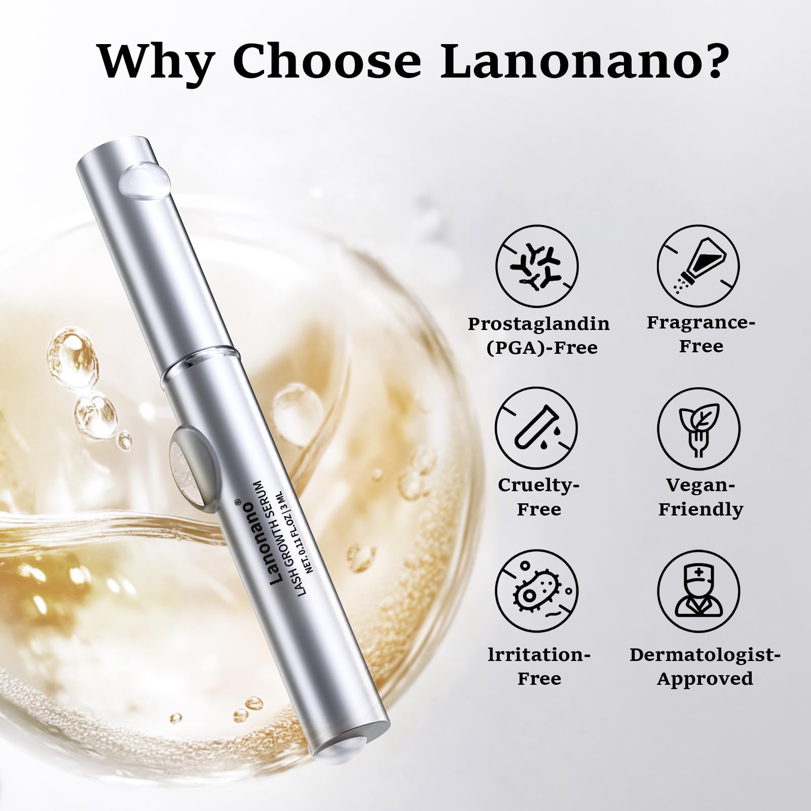 Lanonano lash serum drops on hand showing creamy texture