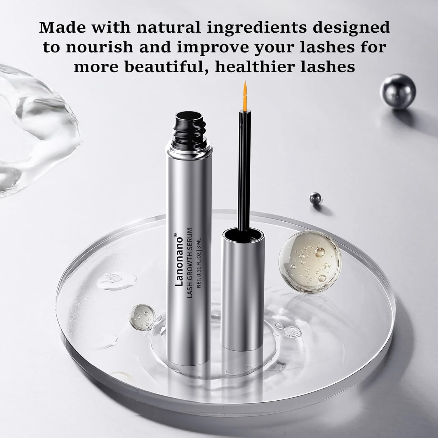 Lanonano lash serum ingredients closeup emphasizing natural components
