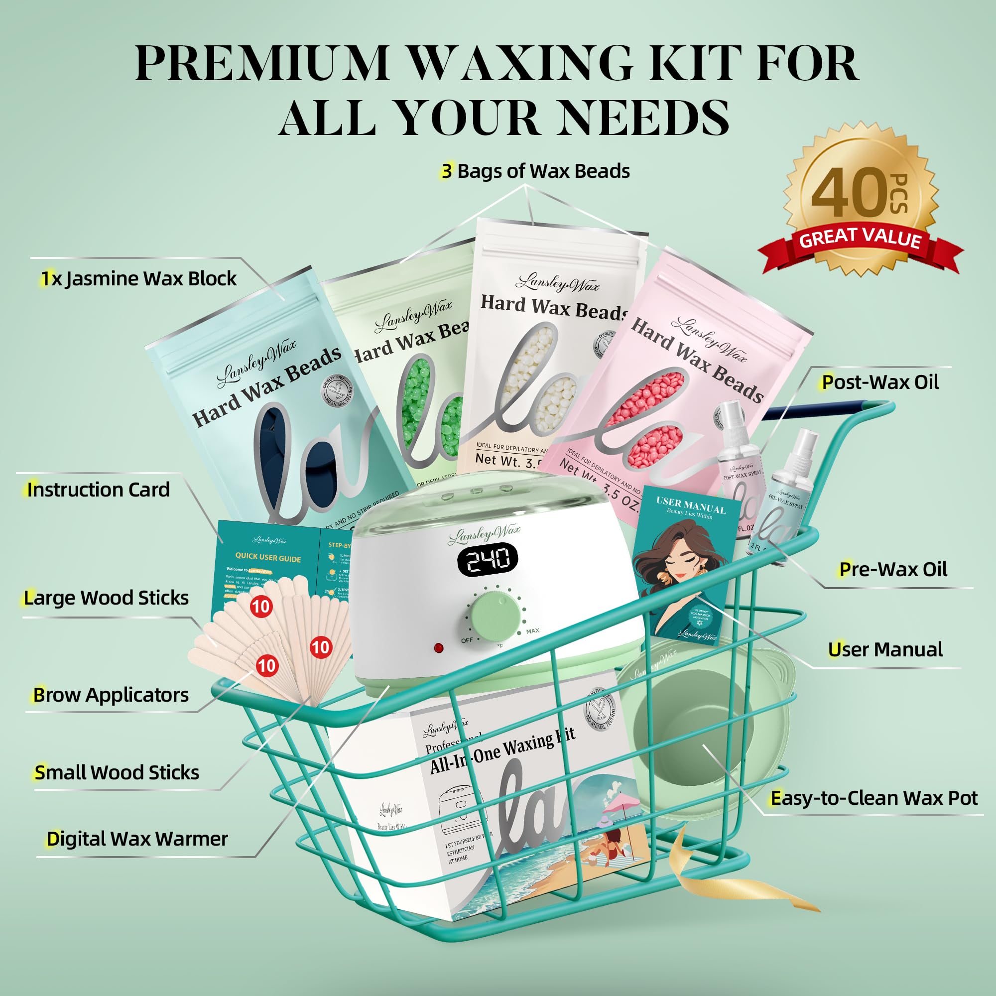 LANSLEYWAX dermatology-tested formulation featuring jasmine oil aloe vera and rose for sensitive skin use