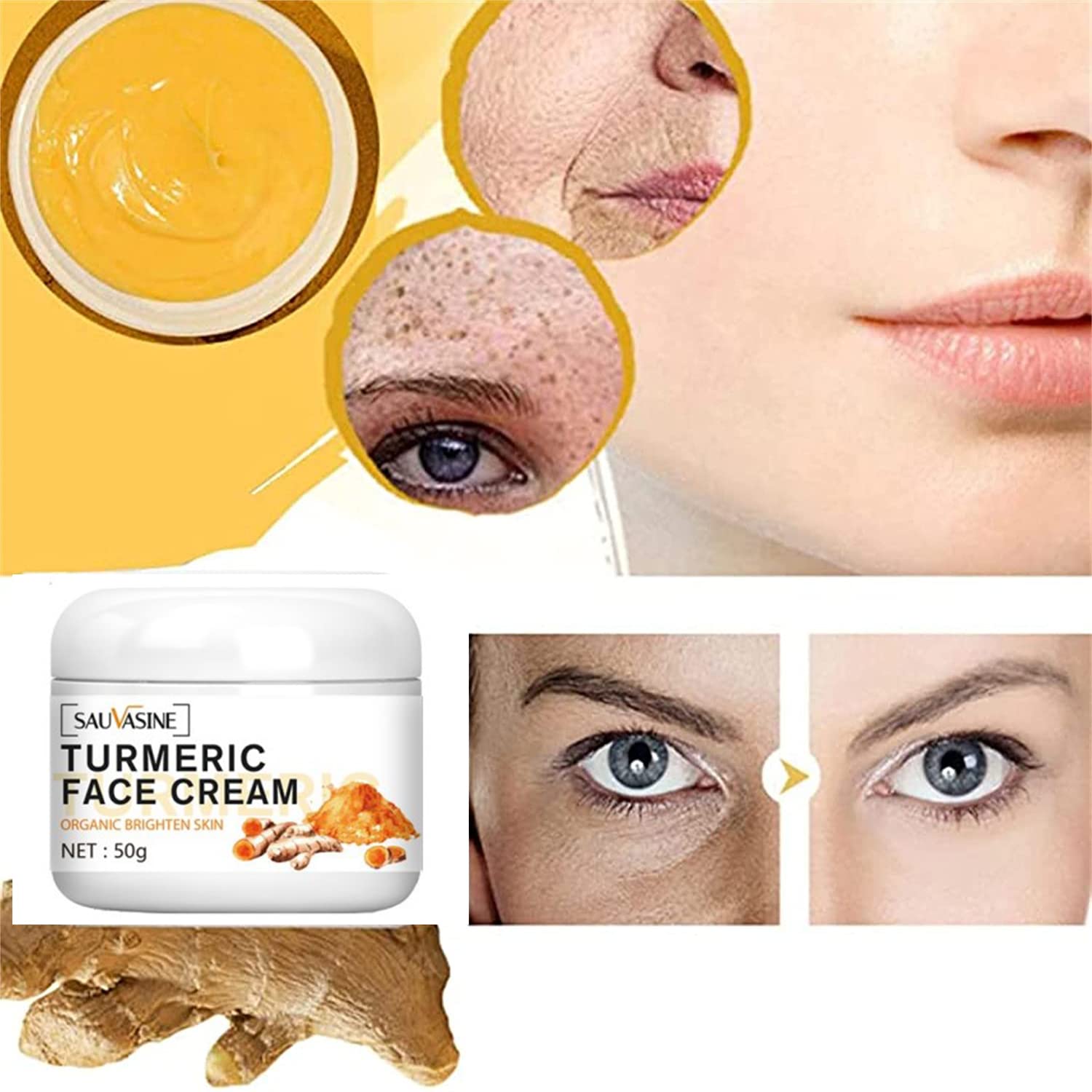 Lanthome turmeric face cream smoothing on skin suggests anti-aging and refined texture.