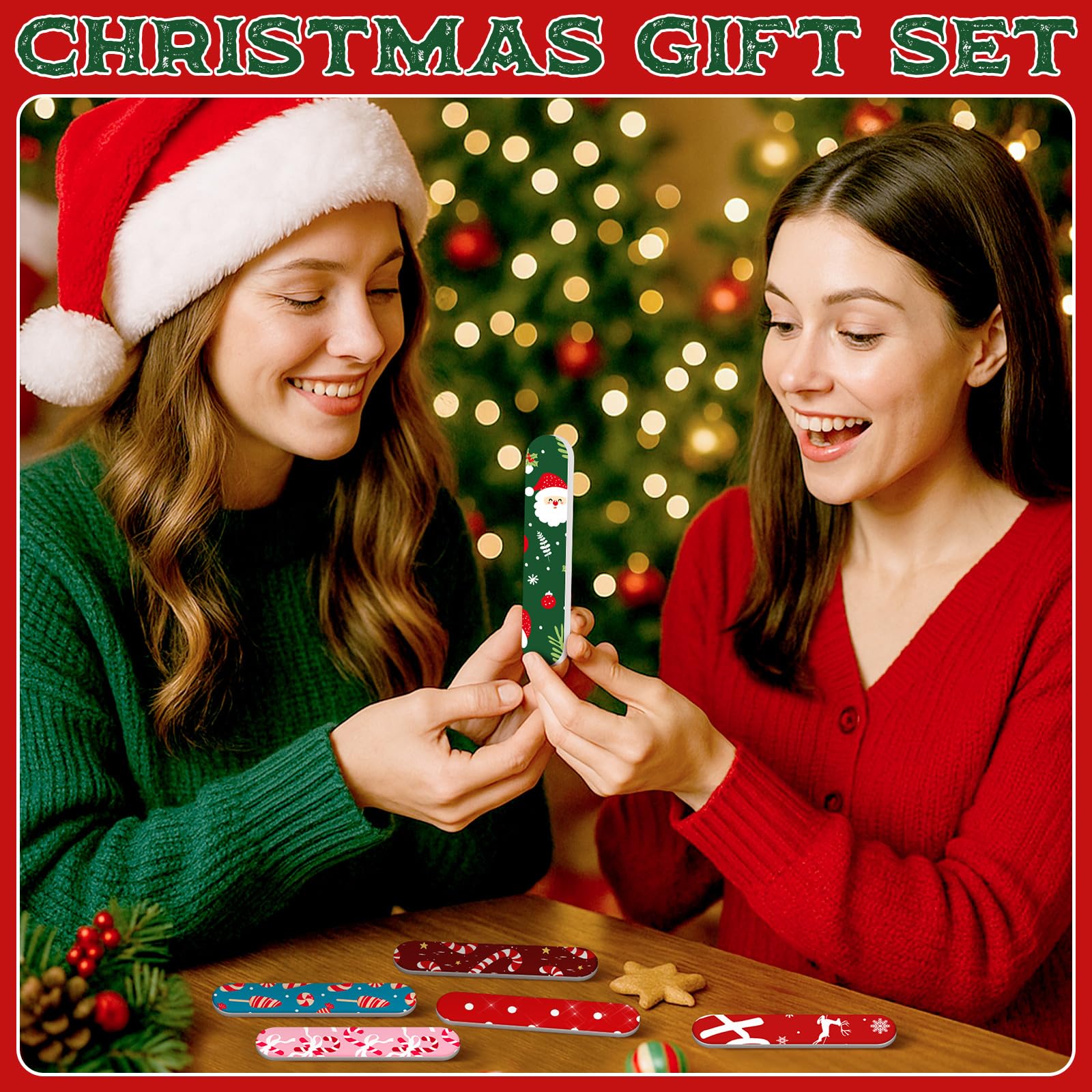 Lanties multicolor Christmas-pattern nail files add festive flair during mani-pedi.