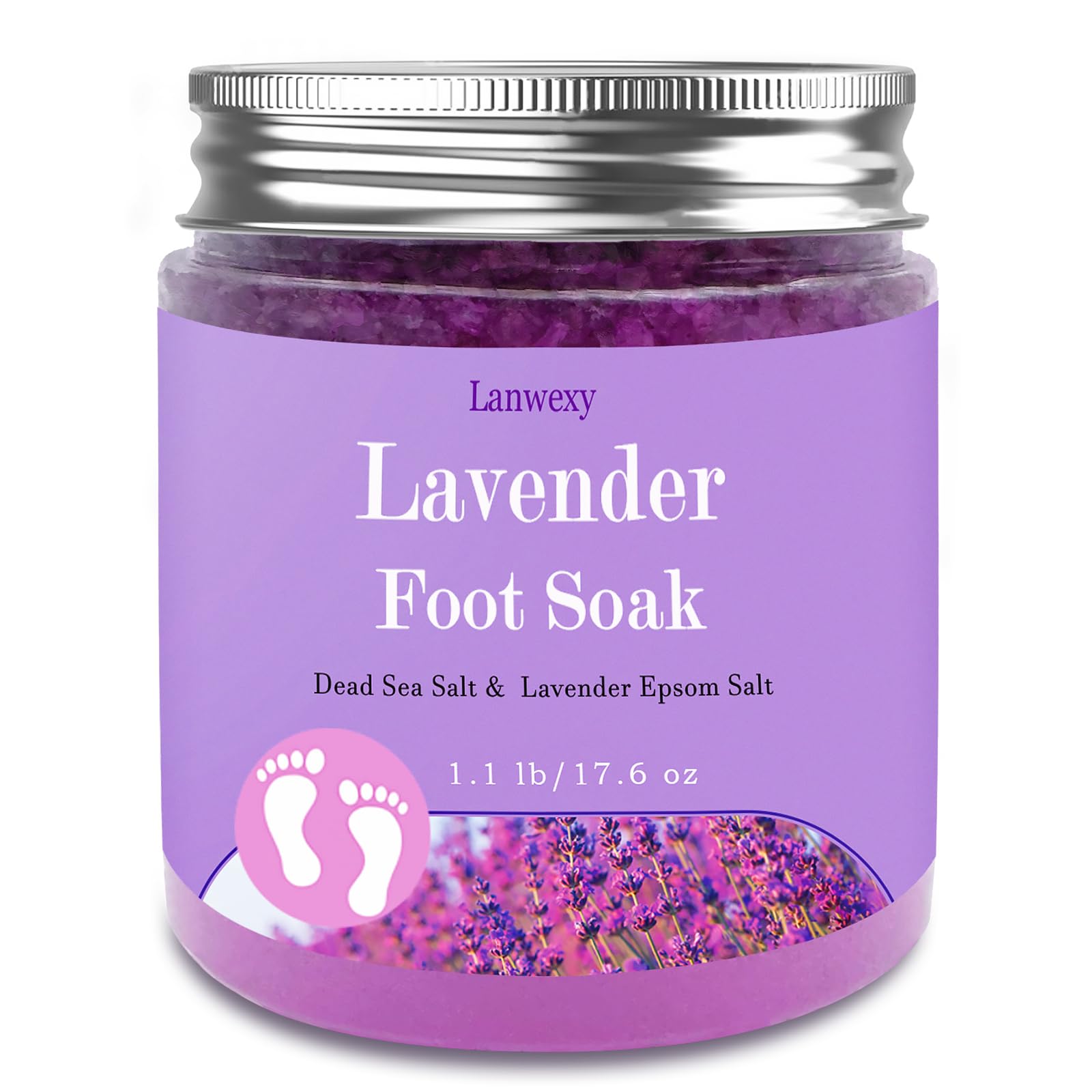 Lanwexy Lavender Foot Soak bottle with calming lavender aroma for a spa pedicure