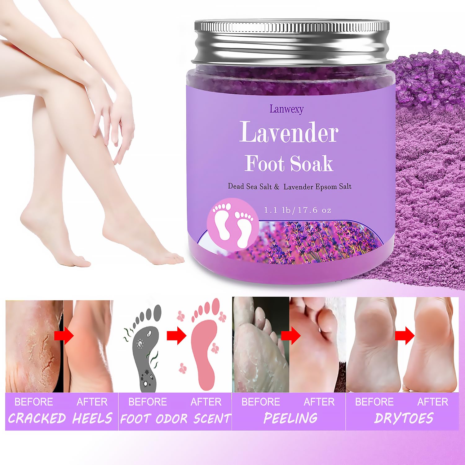 Lanwexy Lavender Foot Soak being poured into water to release soothing bubbles