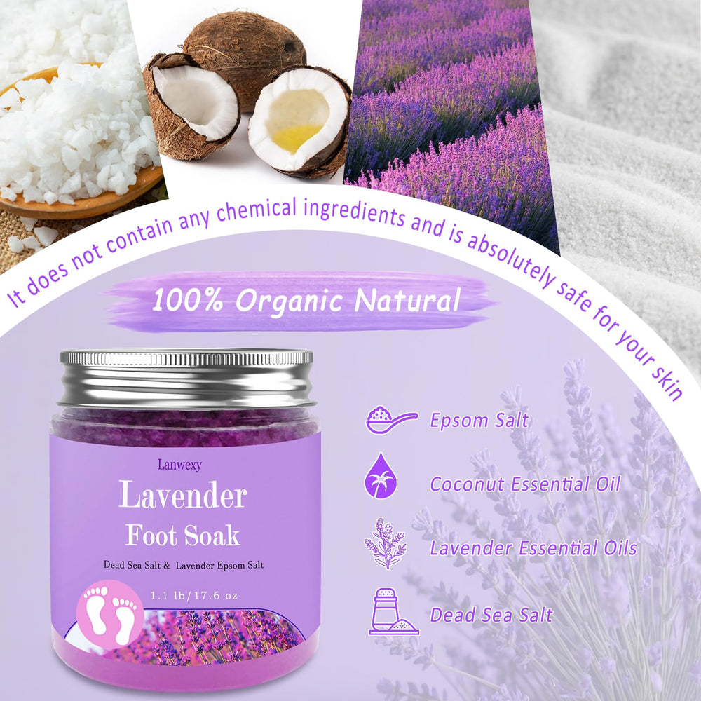 Lanwexy Lavender Foot Soak ingredients close-up featuring lavender oil and mineral salts