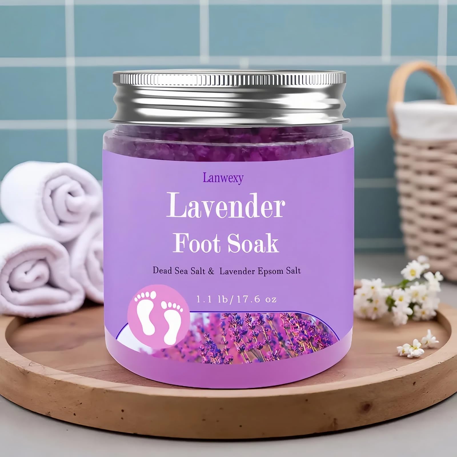 Lanwexy Lavender Foot Soak packaging shown with 1.1 lb size