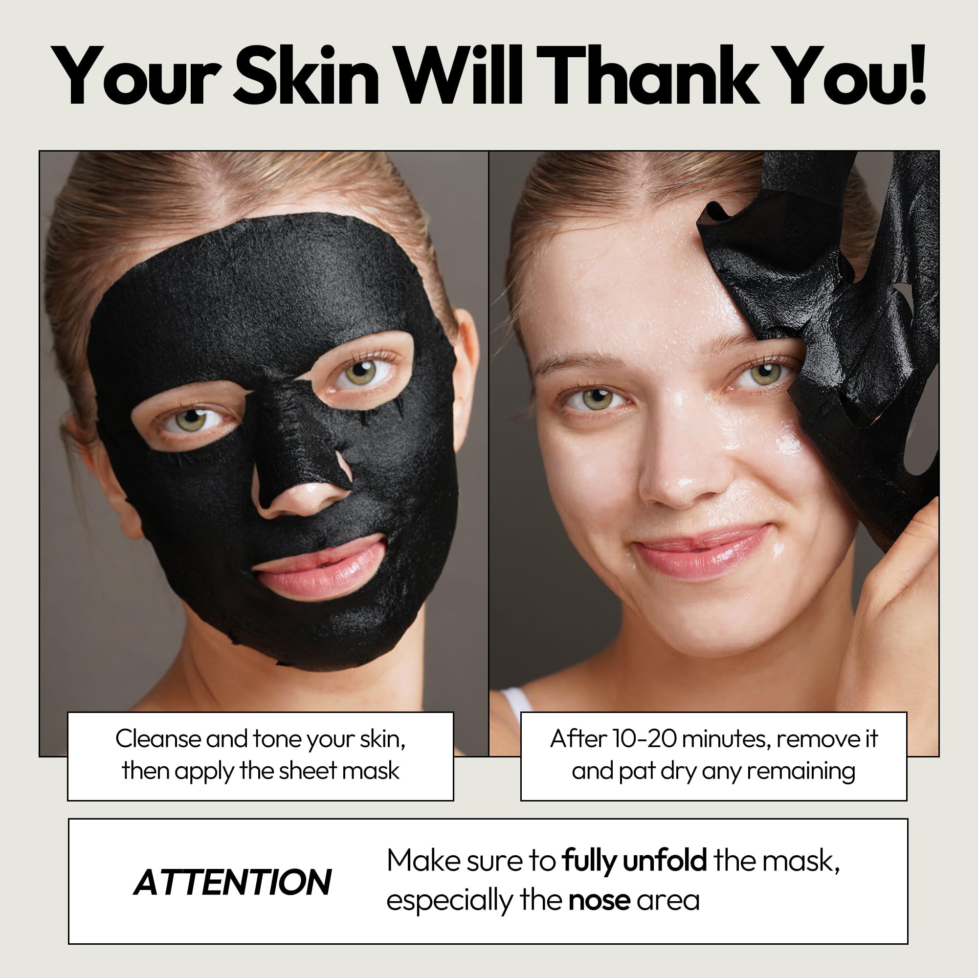 LAPCOS Charcoal Sheet Mask on skin with tightened pores and smoother texture.