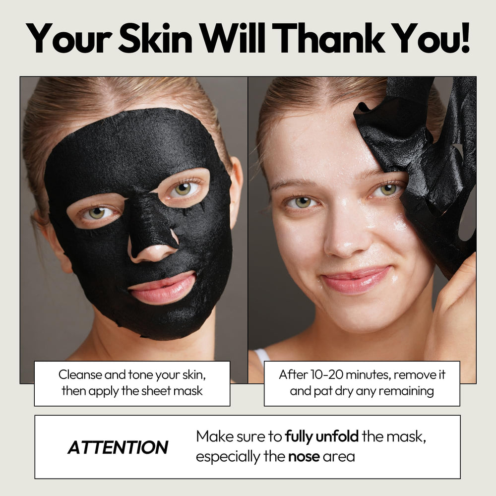 LAPCOS Charcoal Sheet Mask on skin with tightened pores and smoother texture.