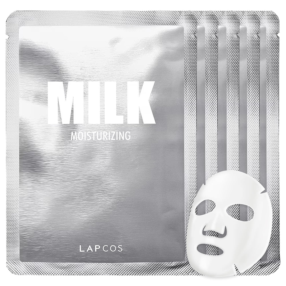 LAPCOS Milk Sheet Mask packaging close-up highlighting premium hydration ingredients.