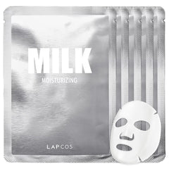 LAPCOS Milk Sheet Mask packaging close-up highlighting premium hydration ingredients.