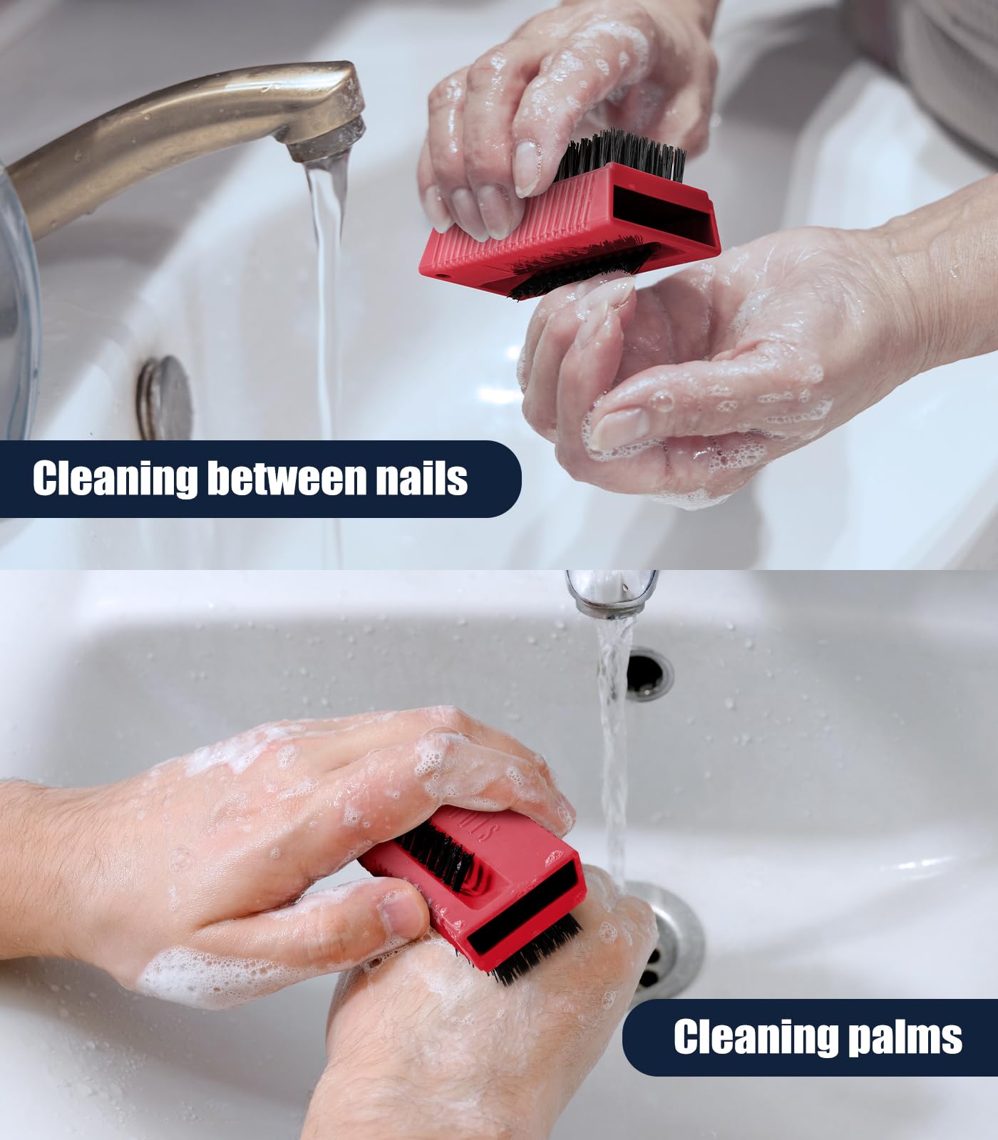 Larbois nail brush nails cleaning close-up red showing grime removal.