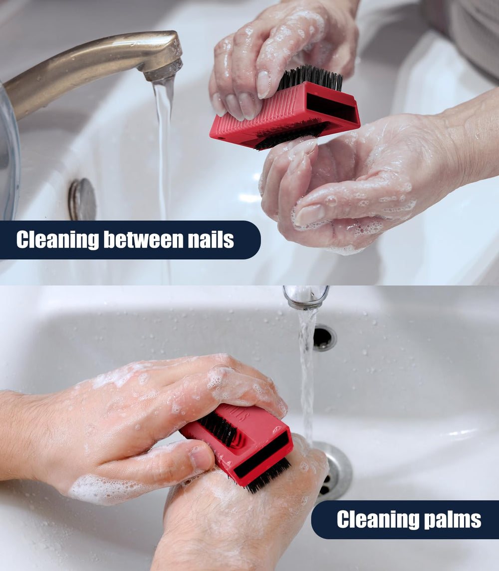 Larbois nail brush nails cleaning close-up red showing grime removal.