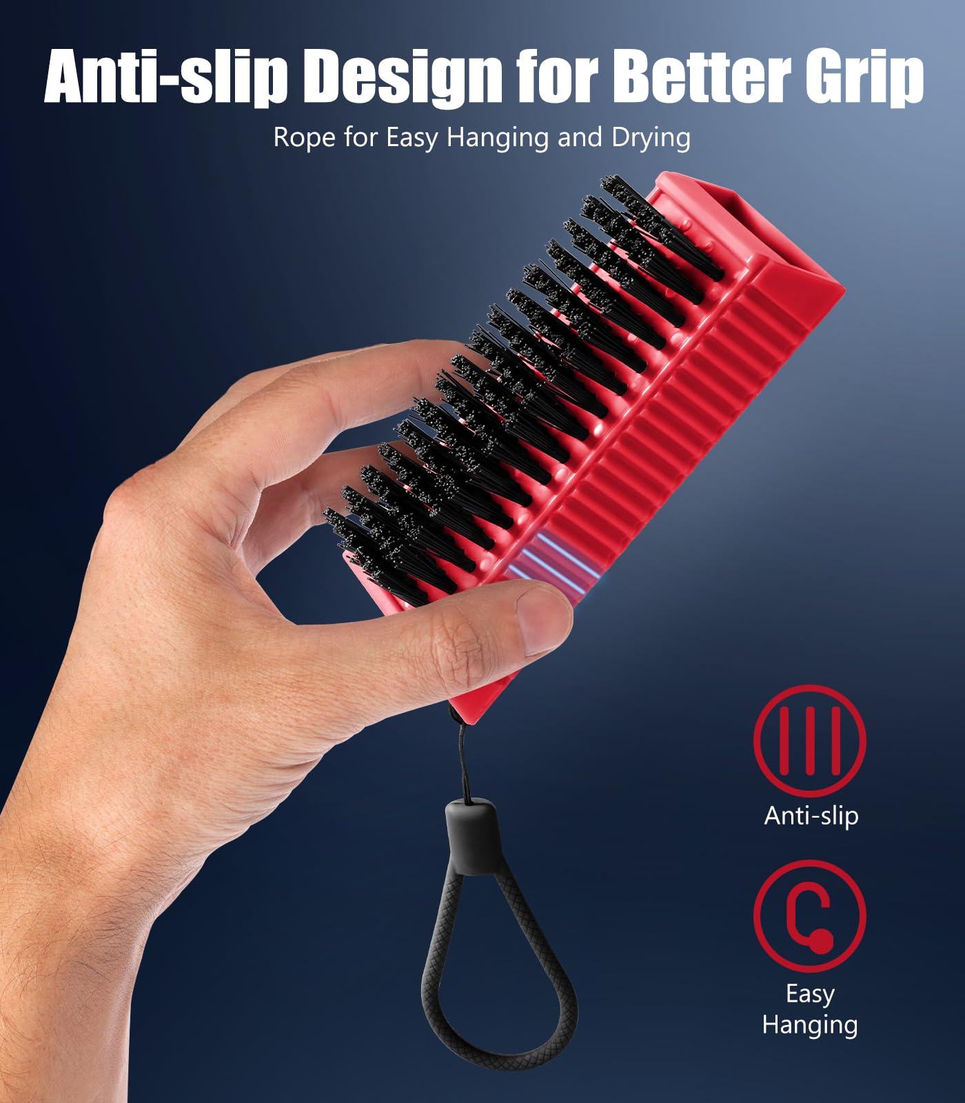 Larbois nail brush rope-hanging red for easy storage and drying.