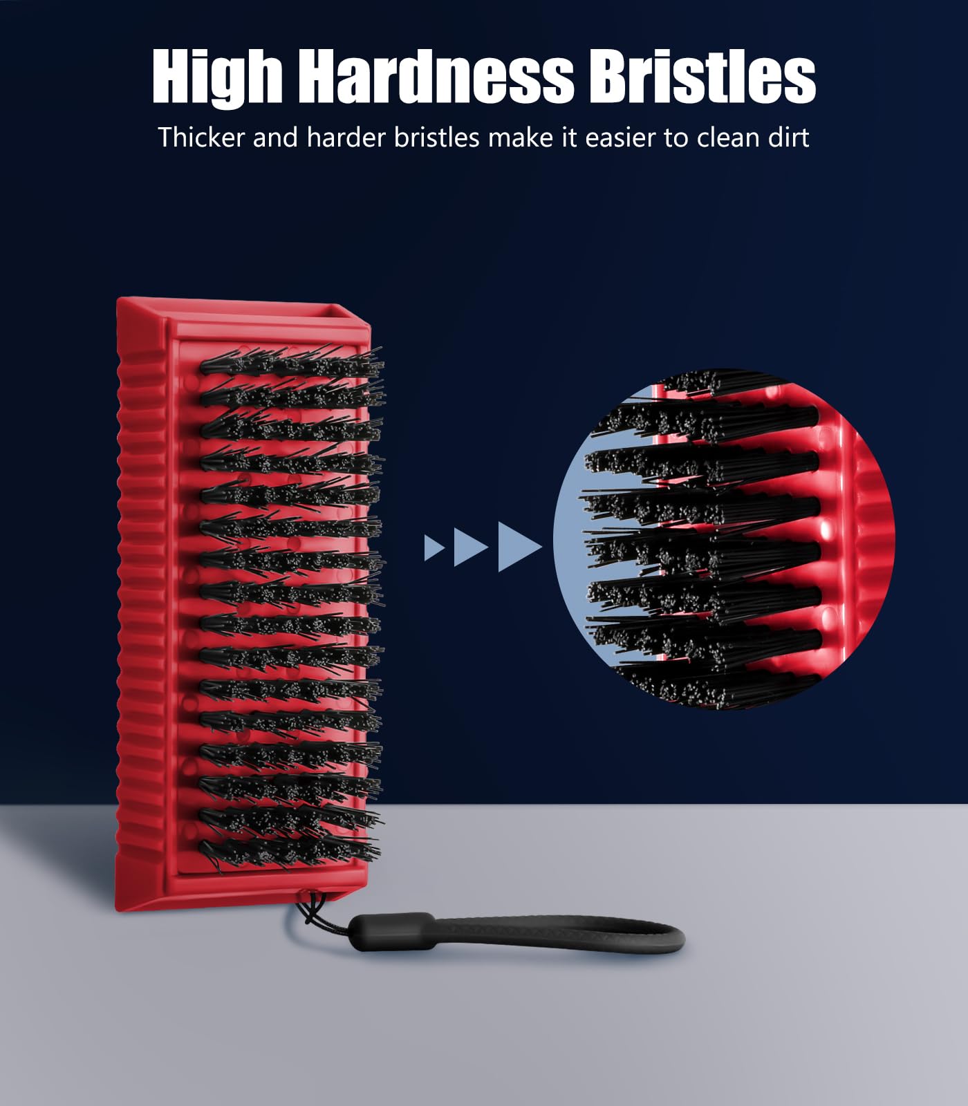 Larbois nail brush side grip red corrugated handle for secure grip.