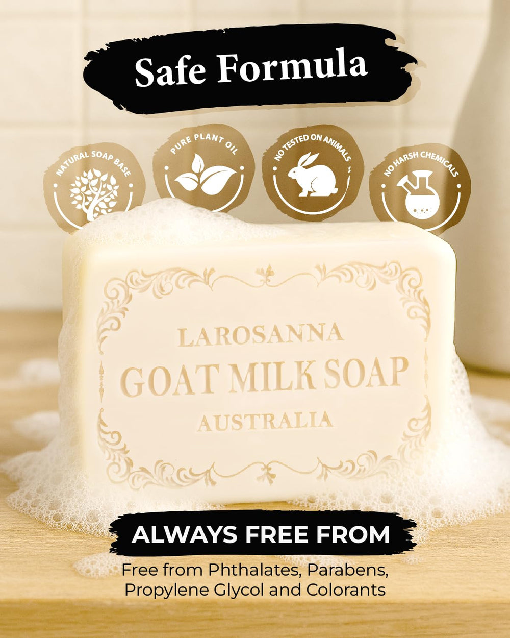 Larosanna triple-milled process illustration notes durability and long-lasting bars.