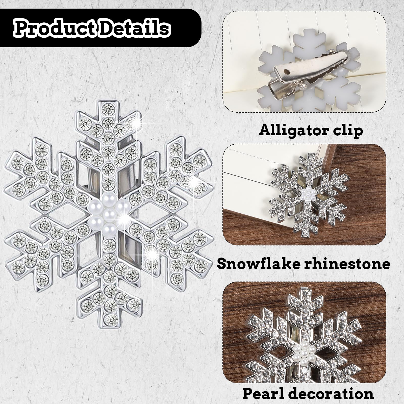 Larrel Snowflake hair clip in silver glitter adds bridal or party sparkle.
