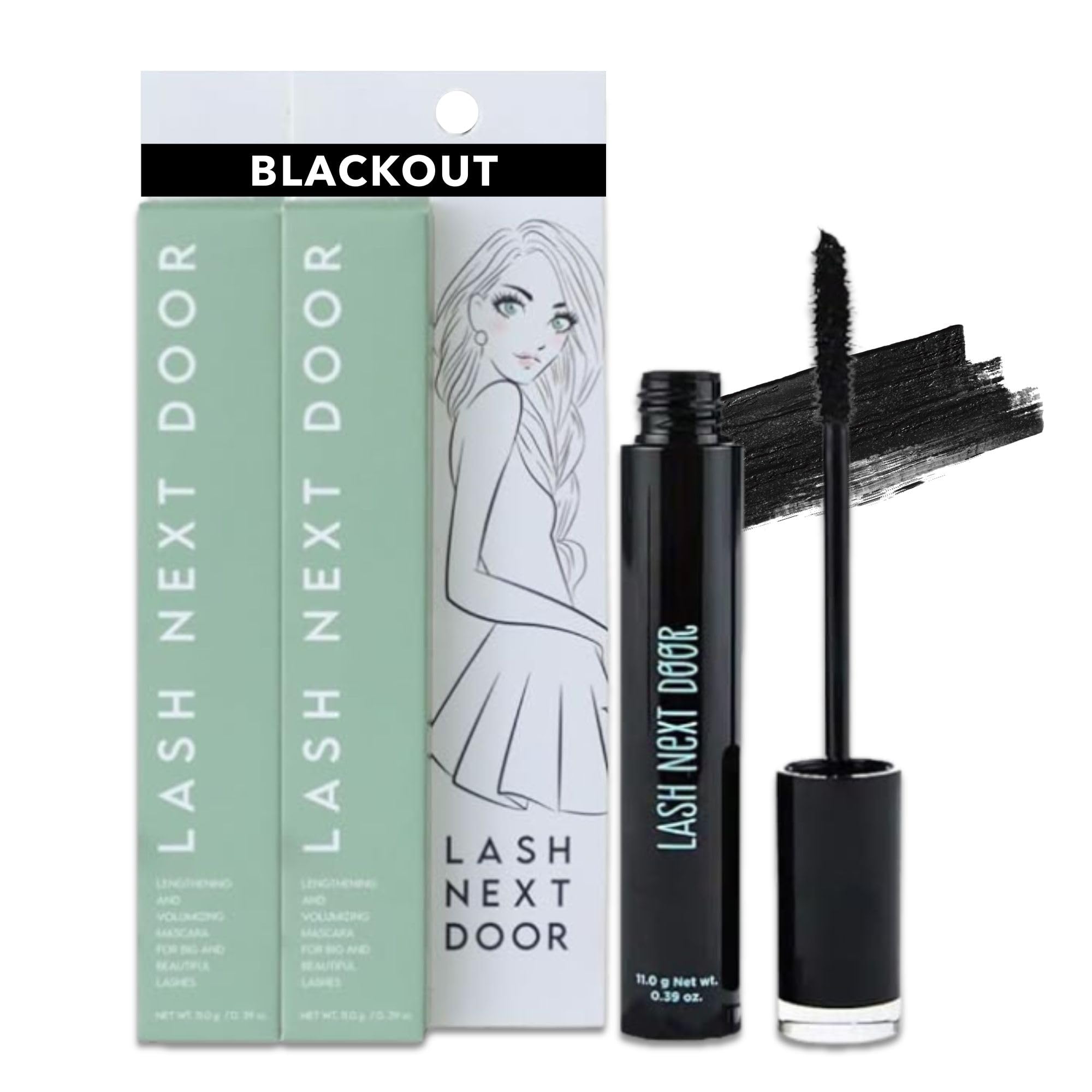Lash Next Door mascara black packaging highlights, a water-resistant formula for all-day wear.