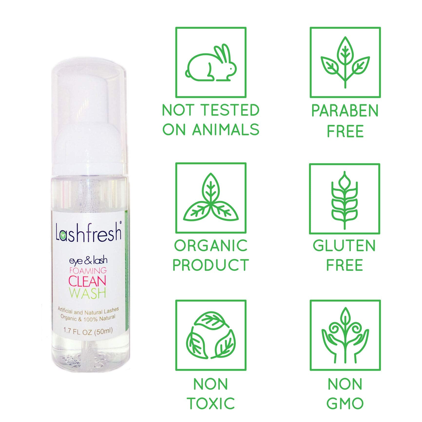 Lashfresh Foaming Clean Wash packaging front highlights organic, natural formula for gentle cleansing