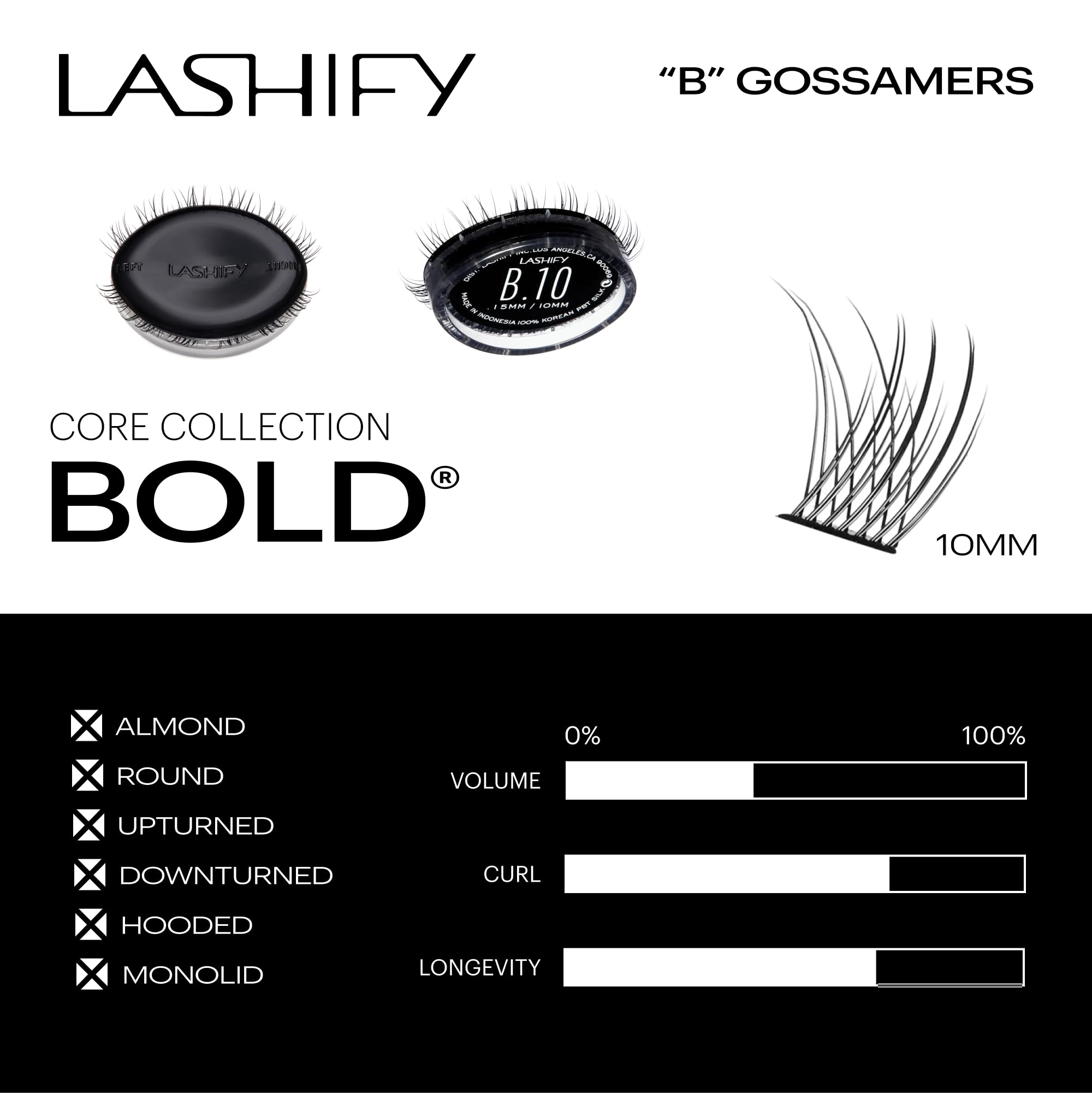 Lashify 10mm lashes on eye closeup show bold piece-y volume and curl.