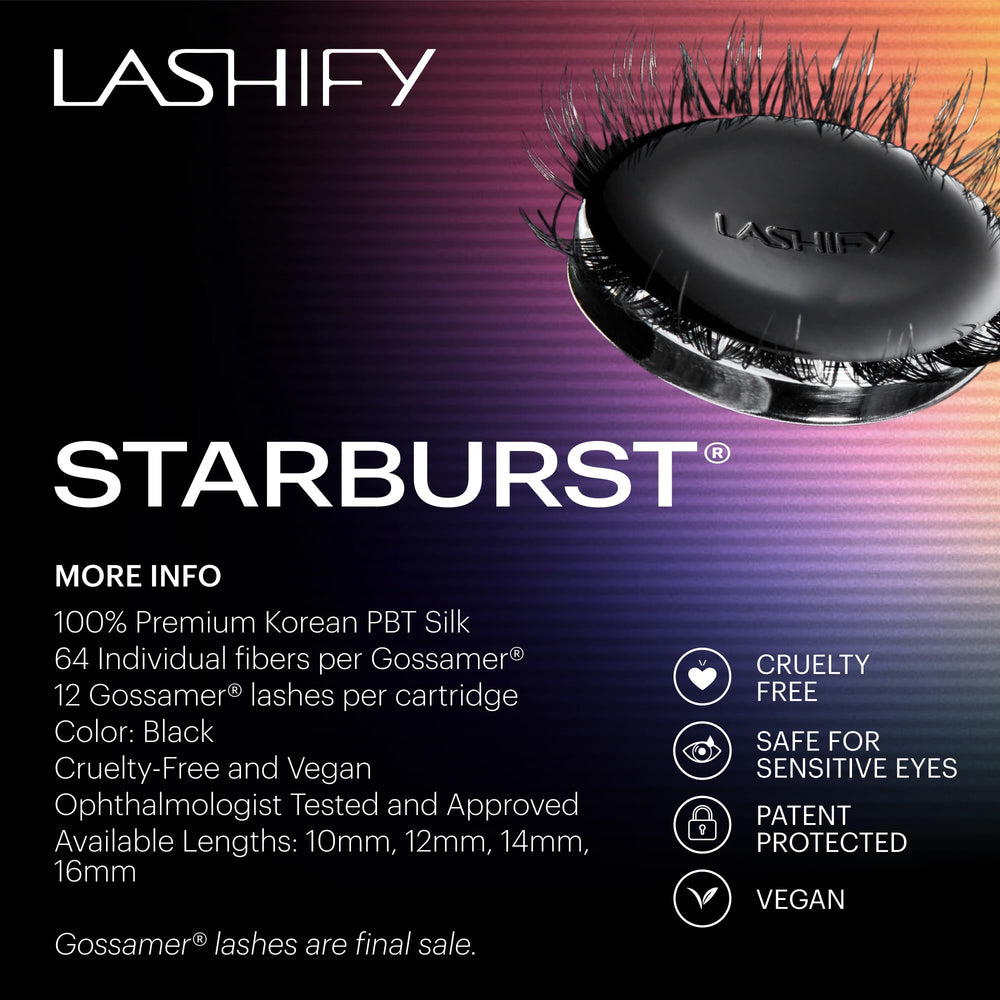 Lashify cartridge contains 12 gossamer lashes for extended looks.