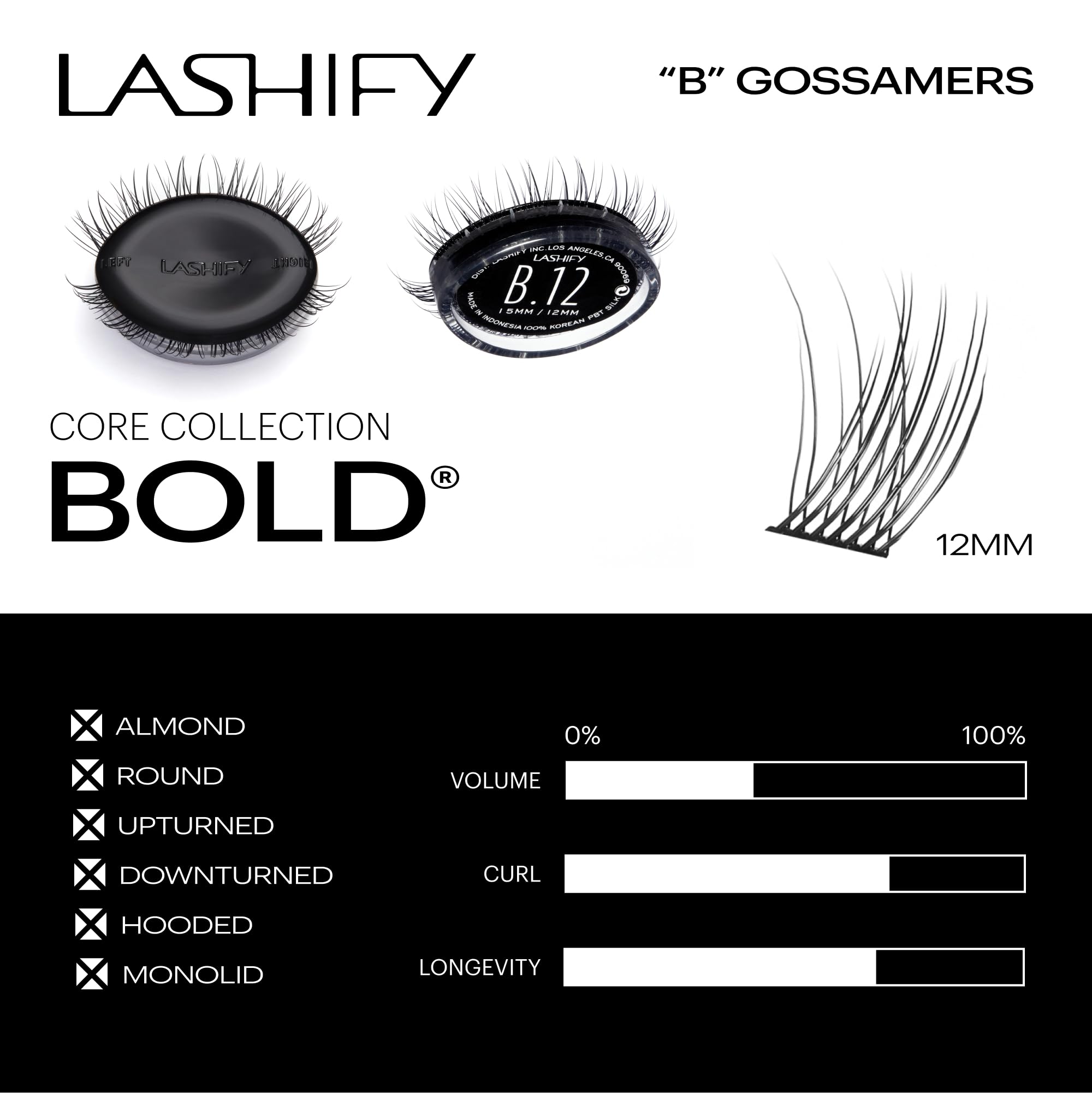 Lashify Bold 12mm Gossamer refill close-up fiber detail in premium Korean silk