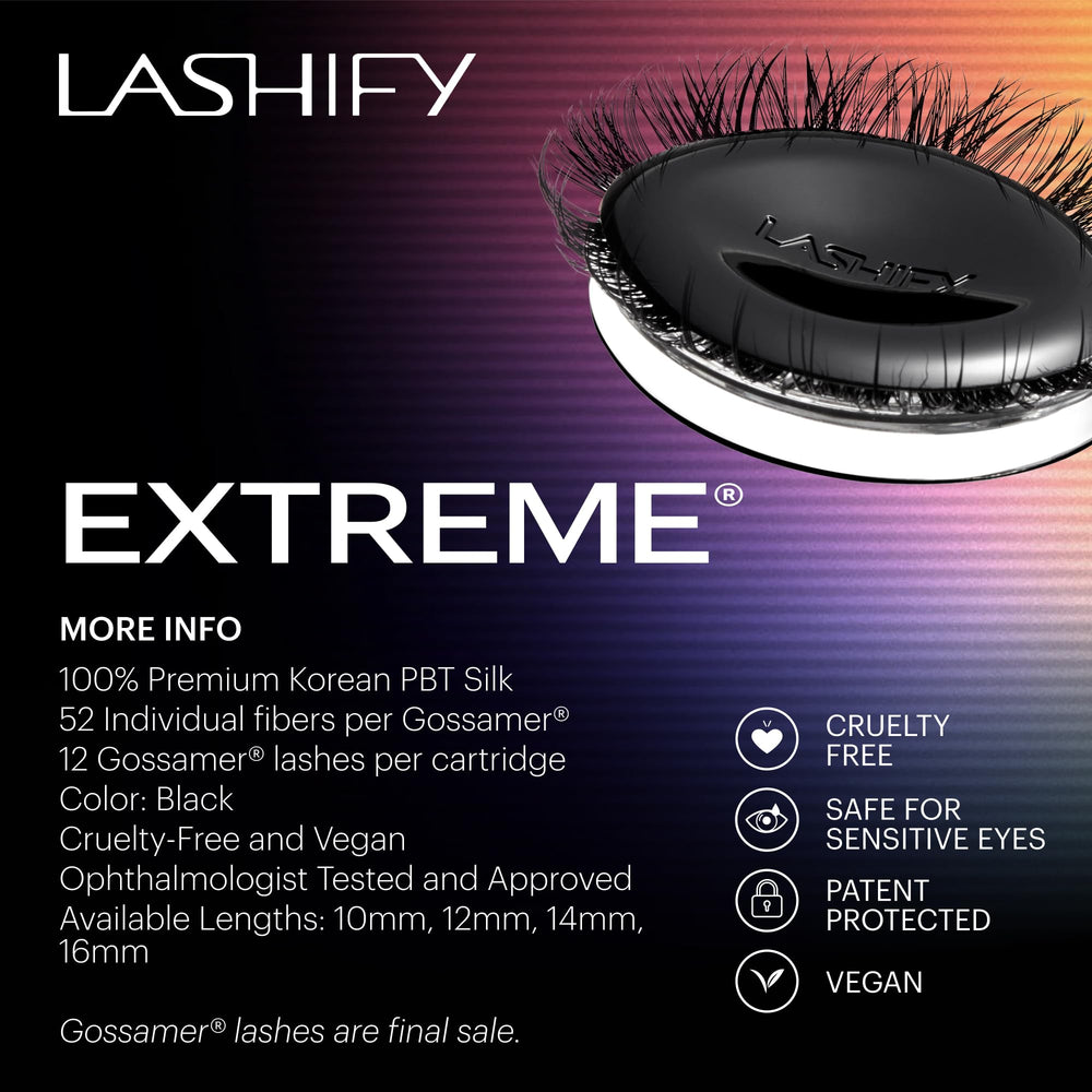 Lashify Extreme 14mm Gossamer black pack on shelf for refill-ready look.