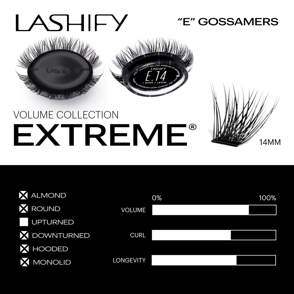 Lashify Extreme Gossamer cartridge close-up showing sizing options for tailored volume.