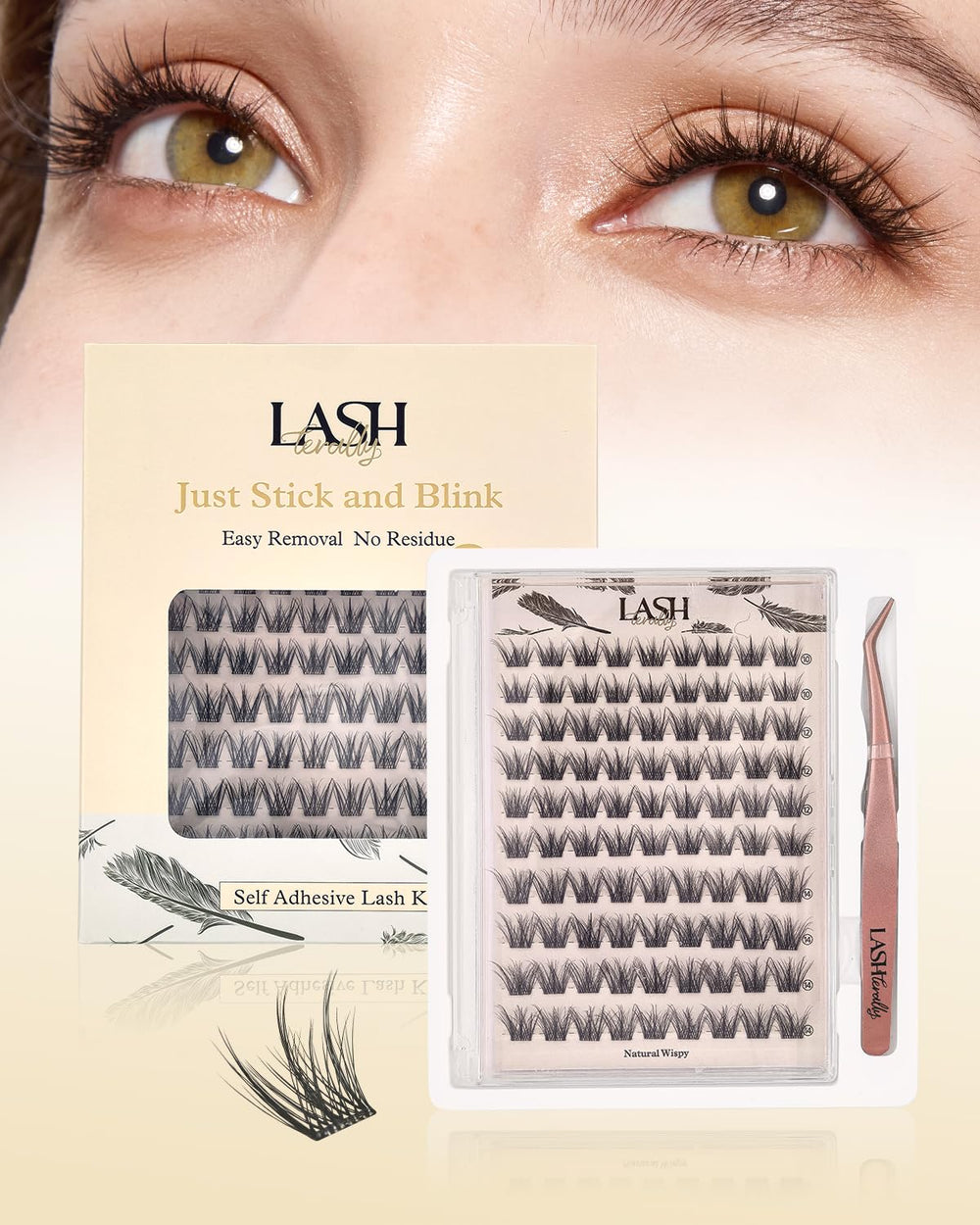 Lashterally self-adhesive lash clusters in a box enable quick, glue-free application.