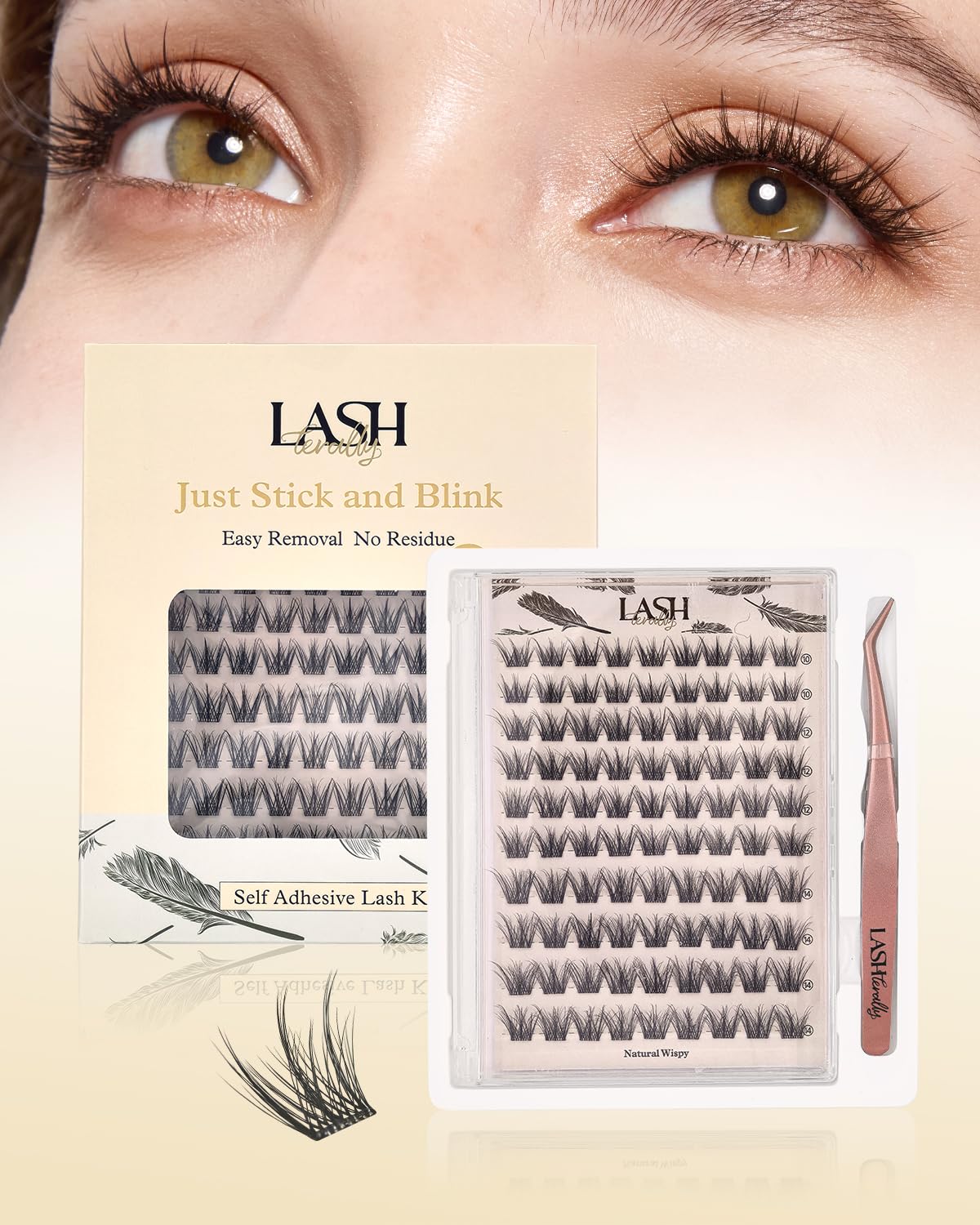 Lashterally self-adhesive lash clusters in a box enable quick, glue-free application.