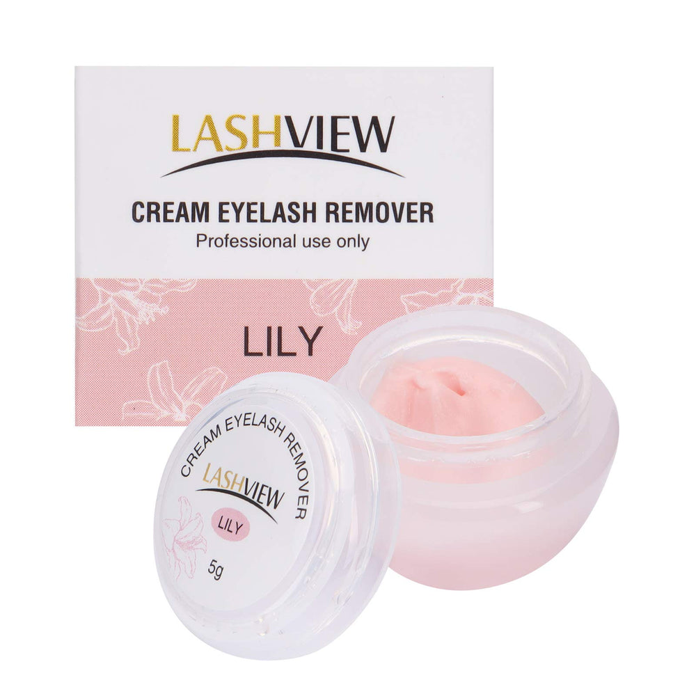 LASHVIEW eyelash-extension remover cream Lily flavor packaging for professional salon use.