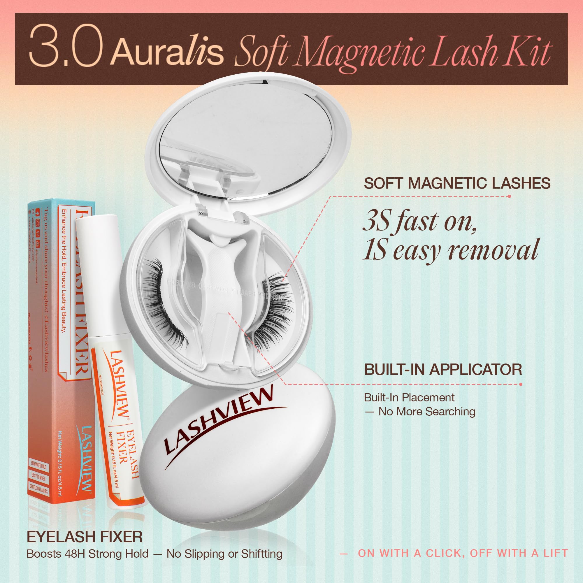 Lashview eyelash fixer supports up to forty-eight hours of secure hold.